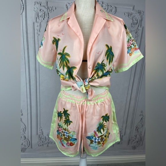 Cocomo Island Loose Fit Casual Shorts Set Single-Breasted Tropical Top - Picture 8 of 16